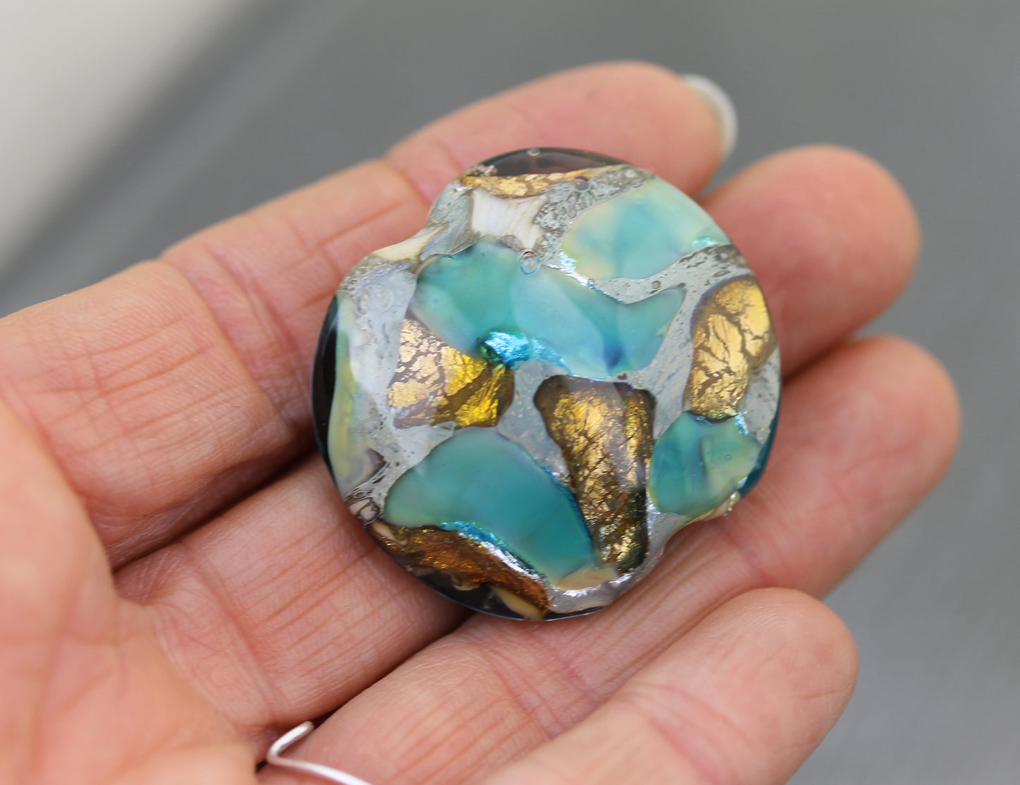 Turquoise & golden amber Art Nouveau Sea Rocks lentil focal bead  #0125015