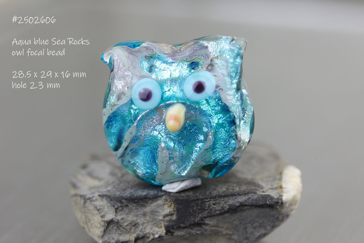 Perle Hibou Sea Rocks bleu turquoise en verre #2502606