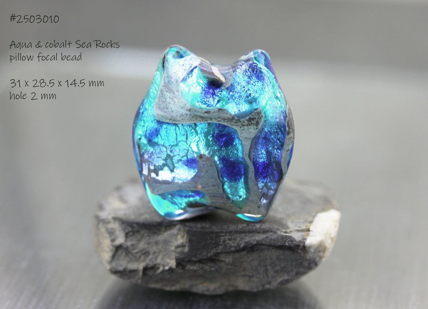 Cobalt blue & aqua blue pillow lampwork glass focal bead #0125038