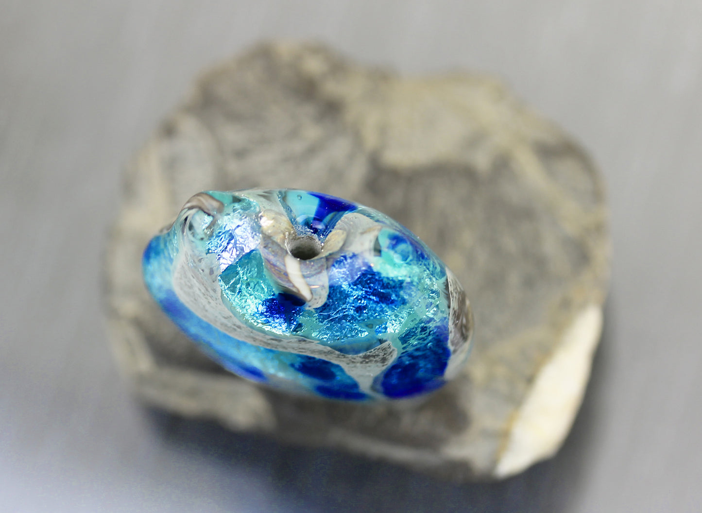 Cobalt blue & aqua blue pillow lampwork glass focal bead #0125038