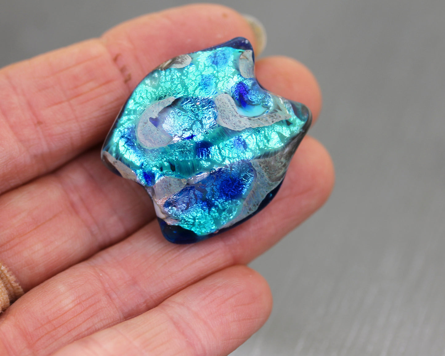 Cobalt blue & aqua blue pillow lampwork glass focal bead #0125038