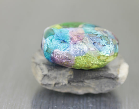 Blue, pink & green Sea Rocks blown lentil focal Glass Bead #2510004