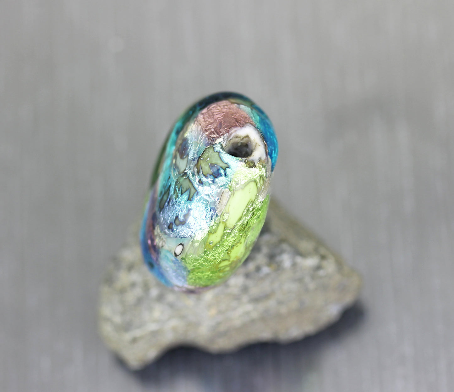 Blue, pink & green Sea Rocks blown lentil focal Glass Bead #2510004