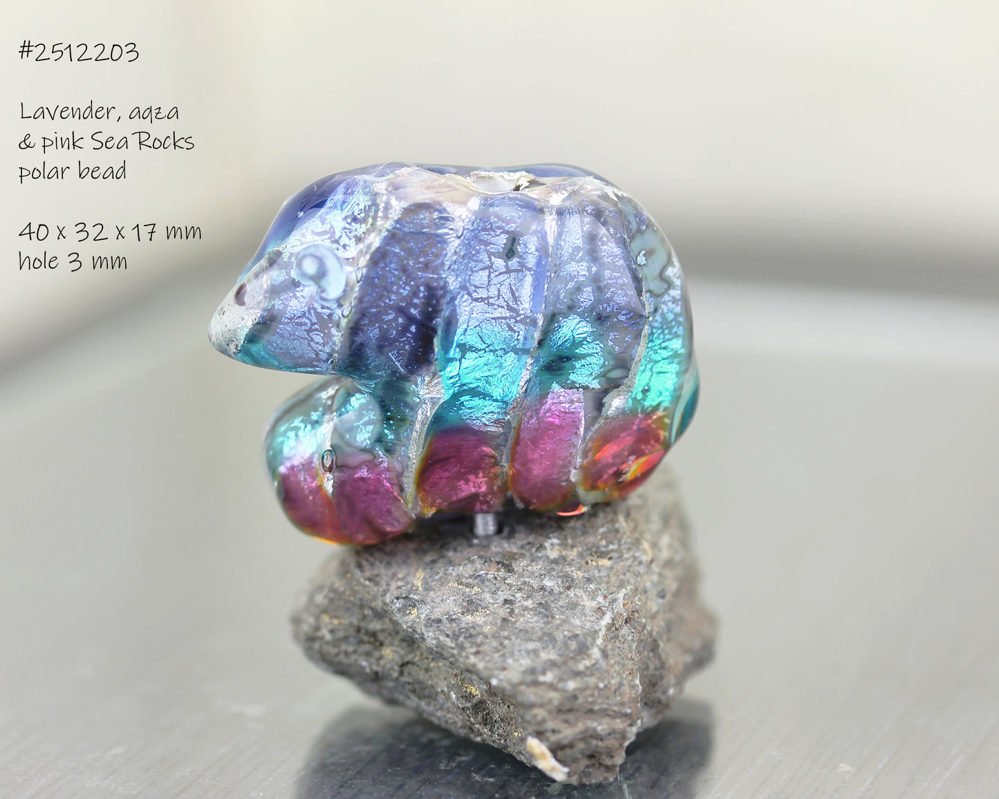 Aqua blue Sea Rocks hollow lampwork glass vessel Bead #2512215