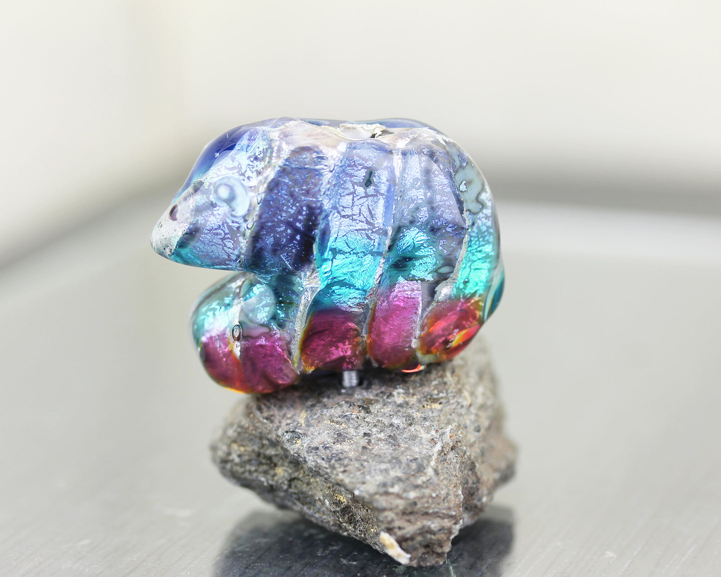 Aqua blue Sea Rocks hollow lampwork glass vessel Bead #2512215