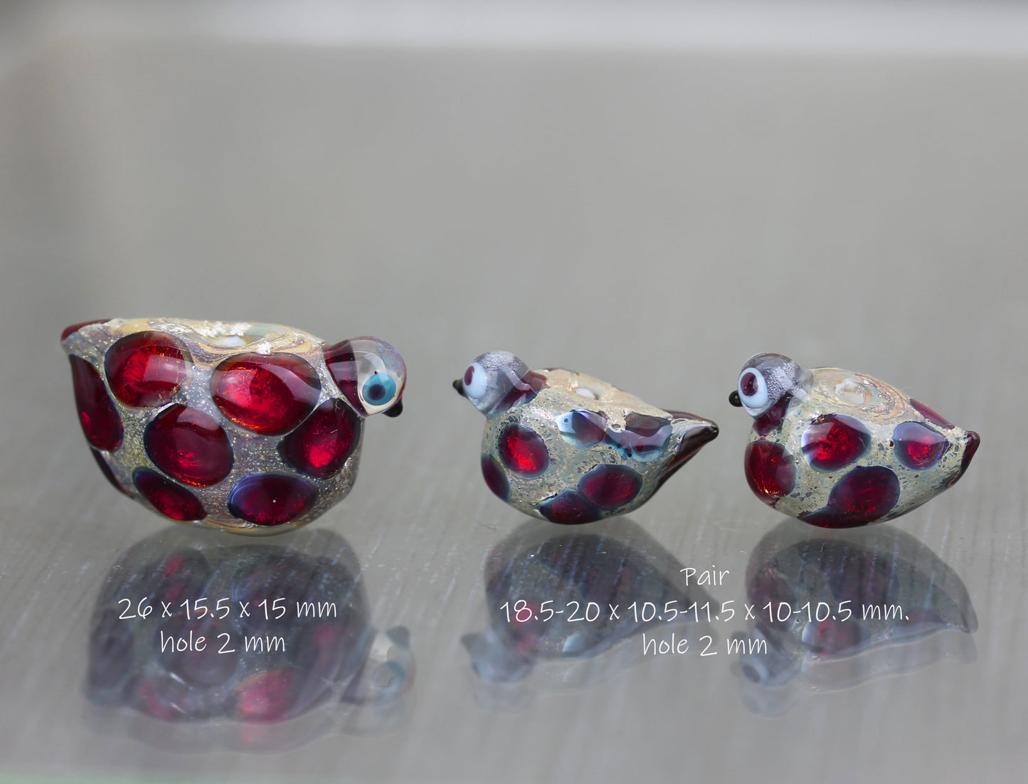 Dark red Sea Rocks bird bead trio