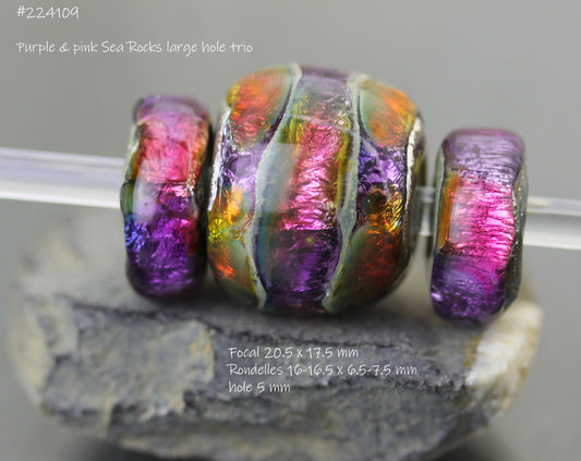 Rainbow Set of 3 hot pink, blue & purple big hole beads #224109b