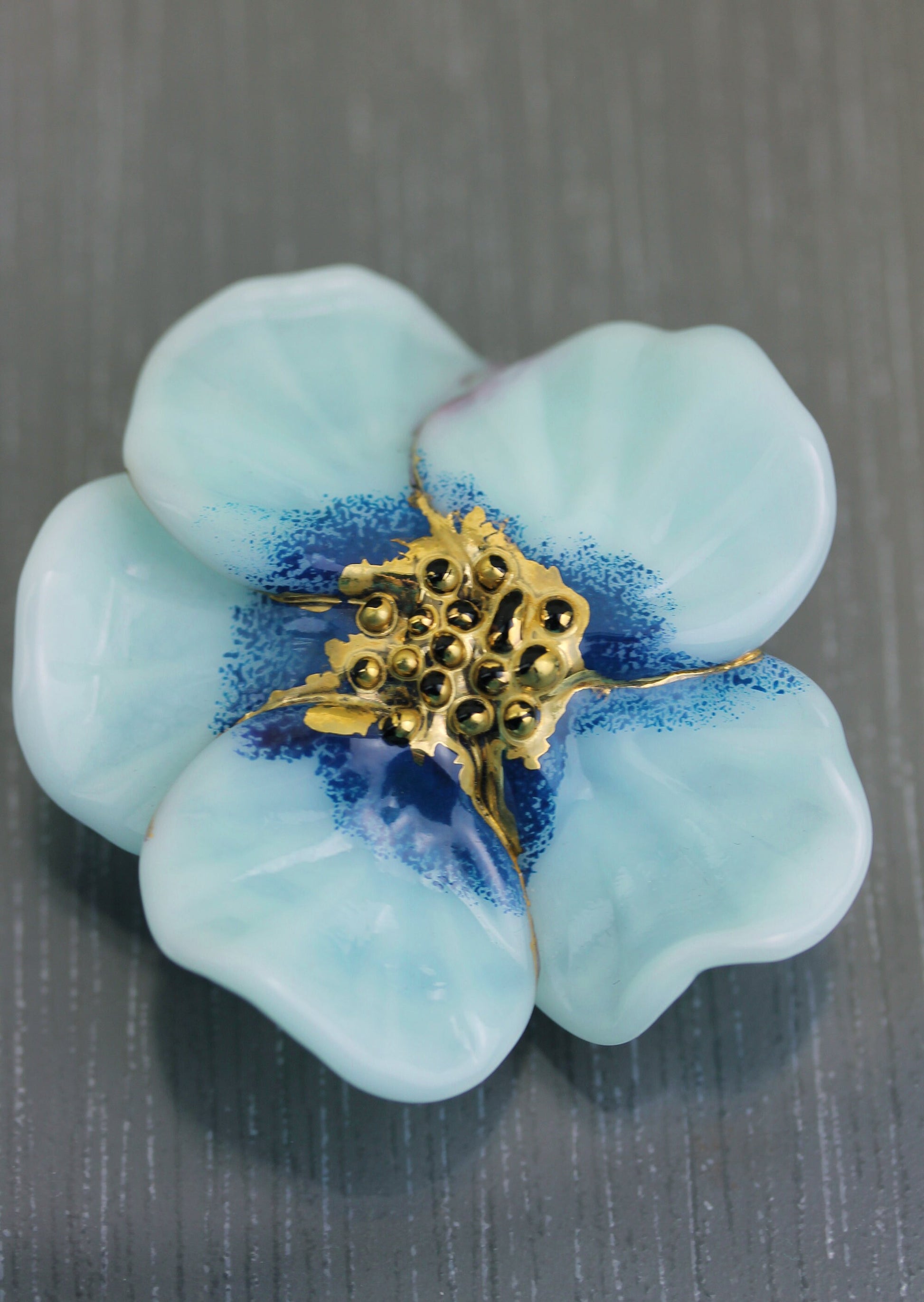 Grande perle de verre vert bleu ciel noir et or florale en verre filé au chalumeau fait main pour centre de collier & pendentif Anne Londez 