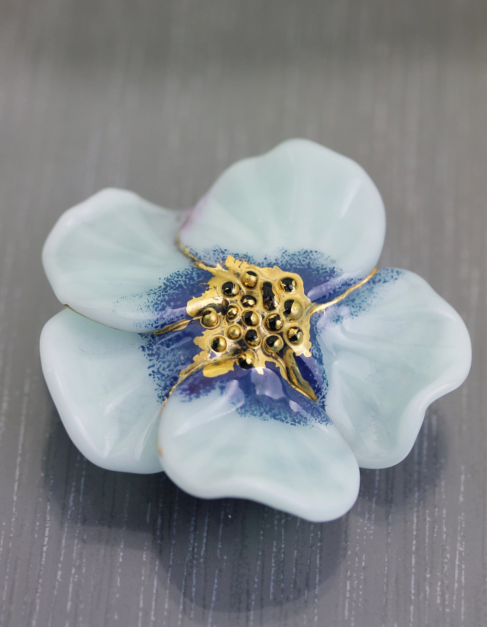 Grande perle de verre vert bleu ciel noir et or florale en verre filé au chalumeau fait main pour centre de collier & pendentif Anne Londez 