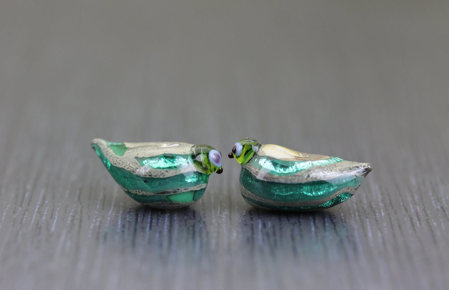 2 Perles en verre Oiseaux Vert Canard. Lot de perles assorties. Perles de verre au chalumeau lampwork perles d'art Anne Londez SRA OOAK